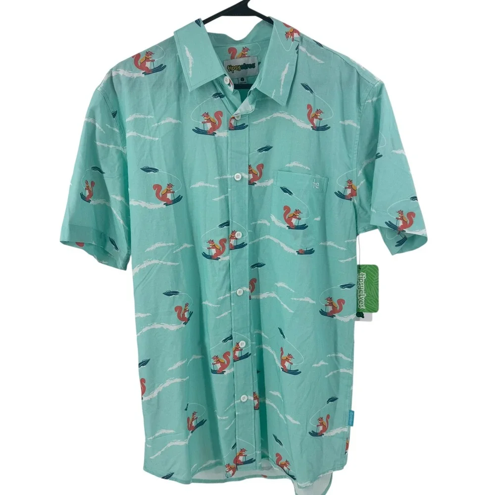 Tipsy Elves Mens Squirrel On Water Skis Hawaiian‎ Shirt Turquoise Blue Sz L NWT